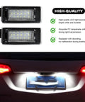 1 Pair Car LED License Plate Light Plug N Play Kit, Super Bright Rear Tag Lamp Assembly For Easy Install, Automotive License Plate Lighting Replacement, Compatible With Serena Altima Sentra shown installed on vehicle at night, highlighting bright illumination and close-up of LED lights showing quality features.
