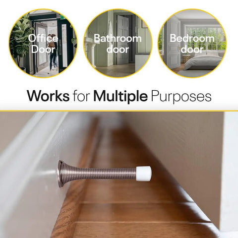 Close-up of Spring Door Stopper With Rubber Tip 3-1/4 Inch Pack Of 4 Wall Mounted Door Stop Cushion in use on wall baseboard