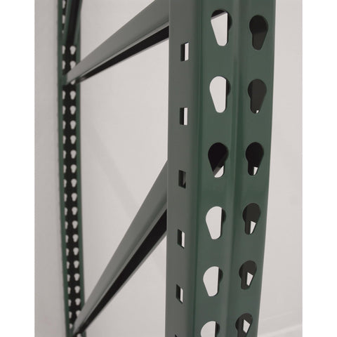 Built Tough Teardrop Pallet Rack Frame With Center Reinforcing Rib And Impact Resistant Columns showing green steel frame features and cutouts.