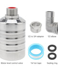 Auto Fill Float Valve 1/2 To 3/4 Inch With 304 Stainless Steel Construction, Durable Water Level Shutoff Valve For Trough Systems, Includes 2 O-Rings, Elbow, And 1/2 To 3/4 Inch Adapter: parts shown