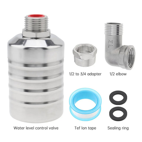 Auto Fill Float Valve 1/2 To 3/4 Inch With 304 Stainless Steel Construction, Durable Water Level Shutoff Valve For Trough Systems, Includes 2 O-Rings, Elbow, And 1/2 To 3/4 Inch Adapter: parts shown