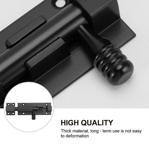 Heavy Duty Adjustable Sliding Latch Lock With Rust Proof Powder Coat Finish For Patio Gates And Yard Security Plus Tough As Nails Aluminum Build And Hella Secure Grip Perfect For Quick Weekend Repairs close-up view of latch mechanism with a black finish.
