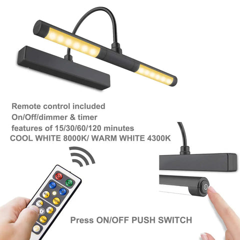 Wireless Picture Light 13 Inch Battery Powered With Remote And Timer, showing dimmable art light with remote, timer controls visible
