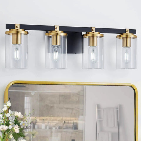 4 Light Modern Vanity Light Fixtures For Bathroom In Matte Black And Brushed Gold With Clear Glass Shades Over Mirror