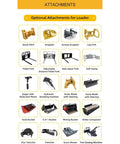 Optional attachments for Powerful 4WD Backhoe Loader including grappler, pallet fork, and auger with reduction motor for job site customization.