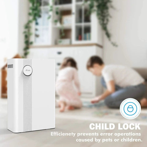 White air purifier with child lock feature in family room. Includes text: "Child lock prevents errors from pets or children."