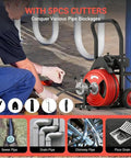 Heavy Duty 100 Foot Automatic Feed Sewer Snake Drain Cleaning Machine Loaded With Six Steel Cutters For Rapid Kitchen Bathroom Floor Pipe Unblock Tasks That Are Absolute No Sweat Wins in use with 5 cutting tools.