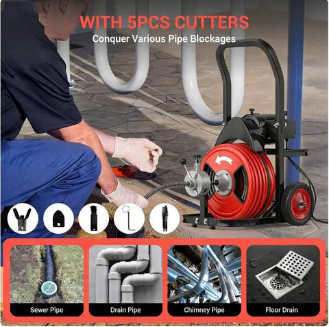 Heavy Duty 100 Foot Automatic Feed Sewer Snake Drain Cleaning Machine Loaded With Six Steel Cutters For Rapid Kitchen Bathroom Floor Pipe Unblock Tasks That Are Absolute No Sweat Wins in use with 5 cutting tools.