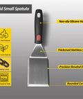 Heavy Duty Cast Iron Skillet Spatula with Full Tang Silicone Handle, stainless steel blade, spatula flipper front view.