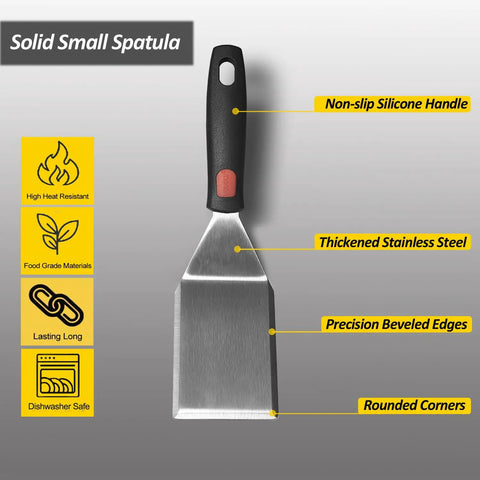 Heavy Duty Cast Iron Skillet Spatula with Full Tang Silicone Handle, stainless steel blade, spatula flipper front view.