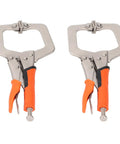 Heavy Duty 9 Inch Locking C Clamp Pliers With Rotating Pads For Welding And Woodworking, showing two clamps with orange grips.