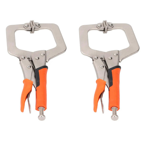 Heavy Duty 9 Inch Locking C Clamp Pliers With Rotating Pads For Welding And Woodworking, showing two clamps with orange grips.