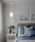 Brushed nickel mini pendant light with linen glass shade in bedroom; part of Two Pack Brushed Nickel Mini Pendant Lights With Linen Glass Shade For Kitchen Island, Living Room, Hallway And Bedroom, Adjustable Rods, Vintage Style Indoor Hanging Lamps.