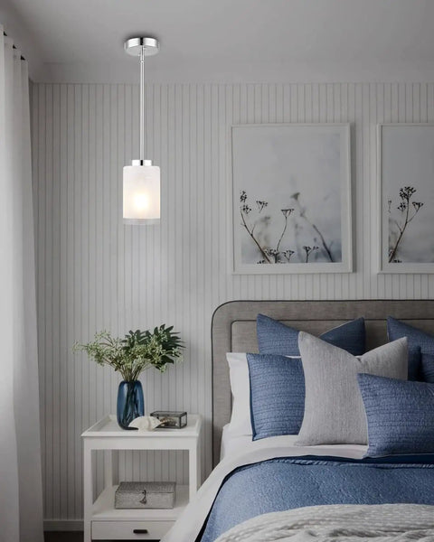 Brushed nickel mini pendant light with linen glass shade in bedroom; part of Two Pack Brushed Nickel Mini Pendant Lights With Linen Glass Shade For Kitchen Island, Living Room, Hallway And Bedroom, Adjustable Rods, Vintage Style Indoor Hanging Lamps.