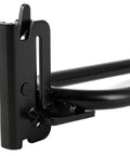 Close-up of a steel E-track hook from the Two Pack Heavy Duty E Track Shovel And Tool Hanger Hooks For Trailers Trucks Workshops And Warehouses E Track Accessories To Secure Rakes Spades And Other Tools Tool Holder, showing black powder coating and mounting design.