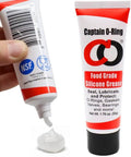Food Grade Silicone Lubricant For O Rings And Gaskets That Keeps Faucets Plumbing Pool Spa And Valves Running Smooth NSF H1 Certified 1.76 Oz 50 G O Ring Grease For Automotive Marine Drinking Water Systems, tube and application view.