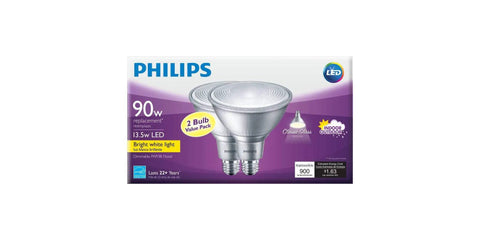 Philips LED flood light bulbs in packaging, 90W replacement, bright white, 2-pack