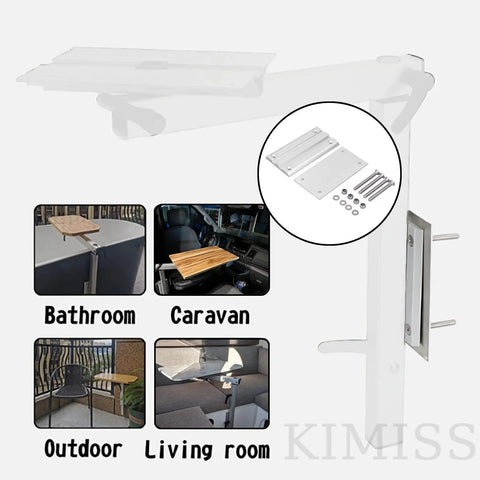 Heavy Duty Aluminum RV Table Base Mount With No Sweat Rotatable Adjustments, showing versatile installation options in different settings.