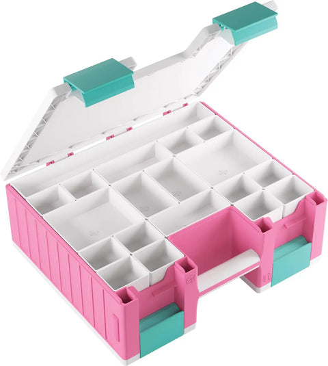 Castle All In One Double Sided Card And Accessory Storage Case With 19 Removable Trays in pink, white, teal open view