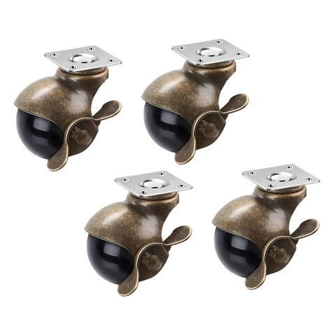 Heavy Duty Vintage Brass Retractable Caster Wheels 4 Pack, metal design with a smooth black rolling ball, ideal for furniture.