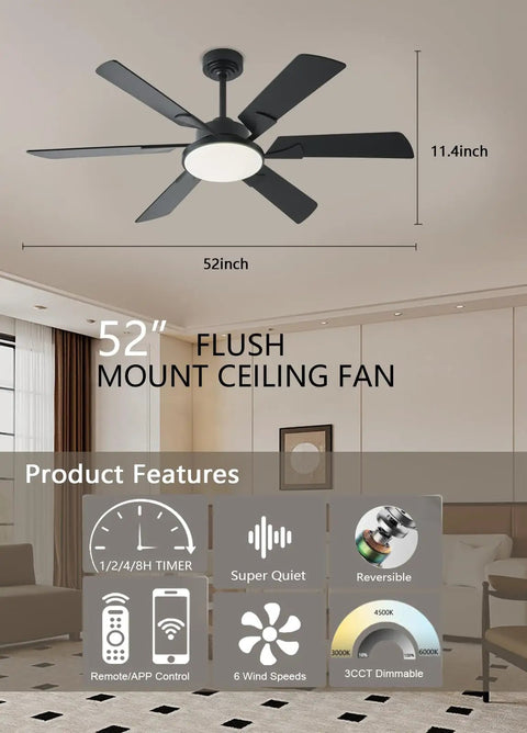 52 Inch Low Profile Ceiling Fan With Lights Remote And App Control 3 CCT Dimmable 6 Speed Ultra Quiet DC Motor Reversible