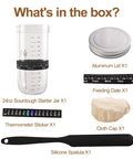 24 Oz Wide Mouth Sourdough Starter Jar Kit With Glass Fermentation Container Date Marker Thermometer Silicone Scraper Lids Airtight Storage Canister The Must Have Complete Sourdough Baking Gear For Home Bakers, featuring jar, lid, date marker, thermometer, cloth cap, silicone spatula.