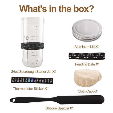 24 Oz Wide Mouth Sourdough Starter Jar Kit With Glass Fermentation Container Date Marker Thermometer Silicone Scraper Lids Airtight Storage Canister The Must Have Complete Sourdough Baking Gear For Home Bakers, featuring jar, lid, date marker, thermometer, cloth cap, silicone spatula.