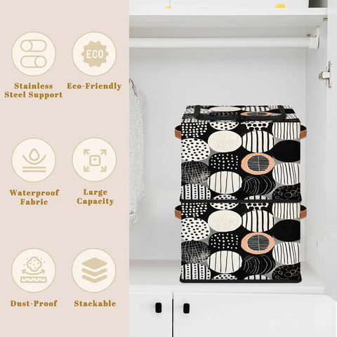Fan Favorite Black And White Boho Design Storage Bins With Secure Lids Foldable Closet Organizers Featuring Soft Leather Handles For Heavy Duty Washable Home Decluttering in closet.