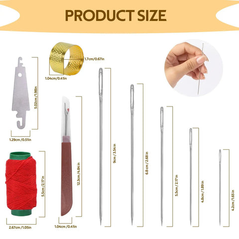 37Pcs Big Eye Steel Sewing Needles Kit With Threader And Repair Tools showing needle sizes and tools for DIY crafting
