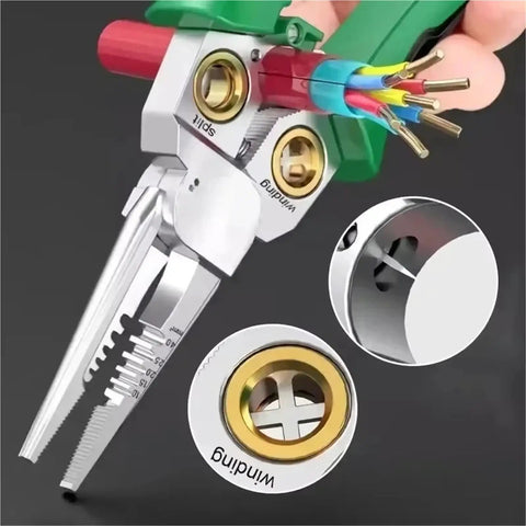 8-In-1 Electric Wire Stripping Machine Multifunction Pliers Tool For Cable Cutting Crimping Electrical Repair And Recycling Copper With Comfortable Grip showing wires being stripped.