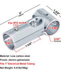 Diagram of Fanmao 8 Sets T Pipe Connectors Tee Clamps for 1" EMT, highlighting 3/32" thick steel, low carbon, electro-galvanized finish.