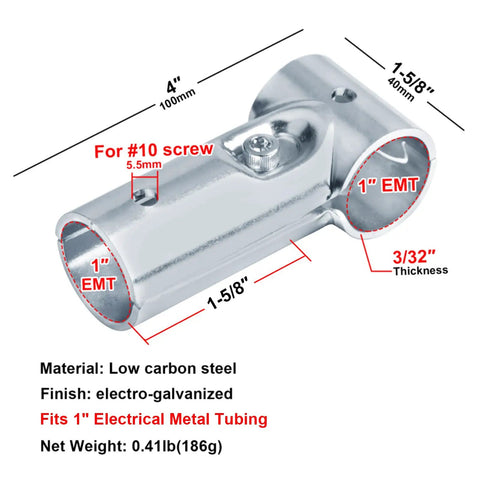 Diagram of Fanmao 8 Sets T Pipe Connectors Tee Clamps for 1" EMT, highlighting 3/32" thick steel, low carbon, electro-galvanized finish.