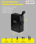 Cordless Tire Inflator With Digital Pressure Gauge 150 PSI Portable Air Pump dimensions and accessories displayed