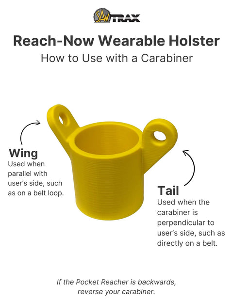 Reach-Now wearable holster in matte yellow showing wing and tail usage for secure carabiner attachment.