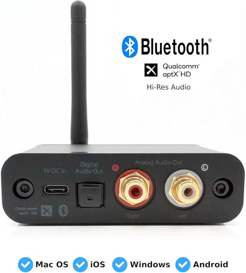 32 Bit Bluetooth Receiver For Home Stereo With Adaptive Bluetooth 5.3, Optical And RCA Outputs, rear view with connections