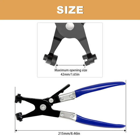 Swivel flat hose clamp pliers from 140 Piece Spring Band Hose Clamp Set 6 To 25Mm In 14 Sizes with dimensions shown