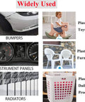 Image of various plastic repair uses including car bumpers, plastic toys, furniture, instrument panels, and radiators.