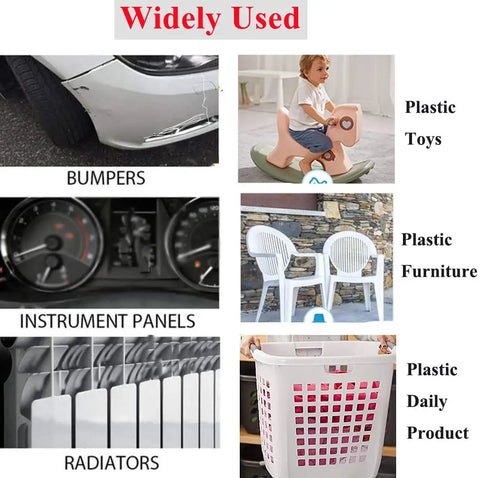 Image of various plastic repair uses including car bumpers, plastic toys, furniture, instrument panels, and radiators.