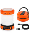 USB Rechargeable Camping Lantern With Hand Crank, collapsible LED light, shown open and closed with USB cable, orange and black.