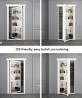 Solid As A Rock Hidden Hinge Hardware Bundle With Slick Flush Mount Setup And No Hassle Bookcase Latch For DIY Secret Doors That Takes Three Hundred Pounds Like A Champ, white bookshelf doors shown from multiple angles.