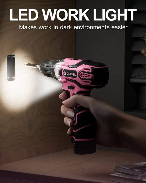 Pink Cordless Drill Set For Women With 12 Volt Power, LED light illuminating a wooden surface, used in dark spaces