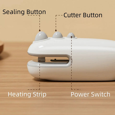 Side view of white 2 In 1 USB Rechargeable Heat Sealer With Cutter For Plastic Bags, showing buttons and heating strip.