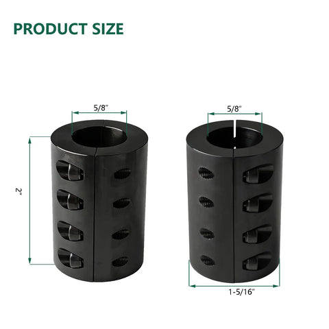 Rigid Shaft Coupling With Double Split Clamp Heavy Duty Build Bore 0.625 To 0.625 Outer Diameter 1.3125 Inches Length Two Inches Set Screws Ten Thirty Two By Half Inch Black Oxide 45C Steel ASTM 1045 size diagram