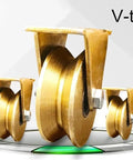 Heavy Duty Two Inch V Groove Steel Caster Wheels For Industrial Machinery And Sliding Doors Featuring Double Bearing Track Rollers in gold finish.