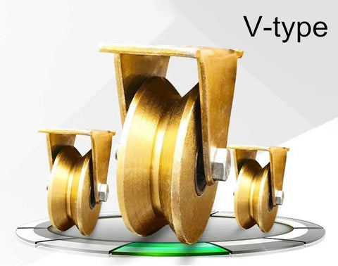 Heavy Duty Two Inch V Groove Steel Caster Wheels For Industrial Machinery And Sliding Doors Featuring Double Bearing Track Rollers in gold finish.