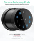 Smart Fingerprint Door Lock With Keypad And Card RFID Access, black design with anti-peep code feature.
