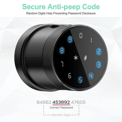 Smart Fingerprint Door Lock With Keypad And Card RFID Access, black design with anti-peep code feature.