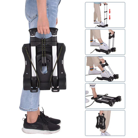 Person holding Folding Luggage Cart With 88 Lb Load Capacity Lightweight Durable Aluminum Alloy Frame Travel Trolley For Luggage compactly folded