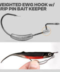 Weighted Swimbait Hooks With Molded Bait Keeper Weedless EWG Worm Hooks shown with grip pin and swimbait attachment.