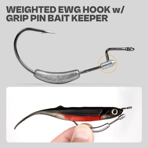 Weighted Swimbait Hooks With Molded Bait Keeper Weedless EWG Worm Hooks shown with grip pin and swimbait attachment.